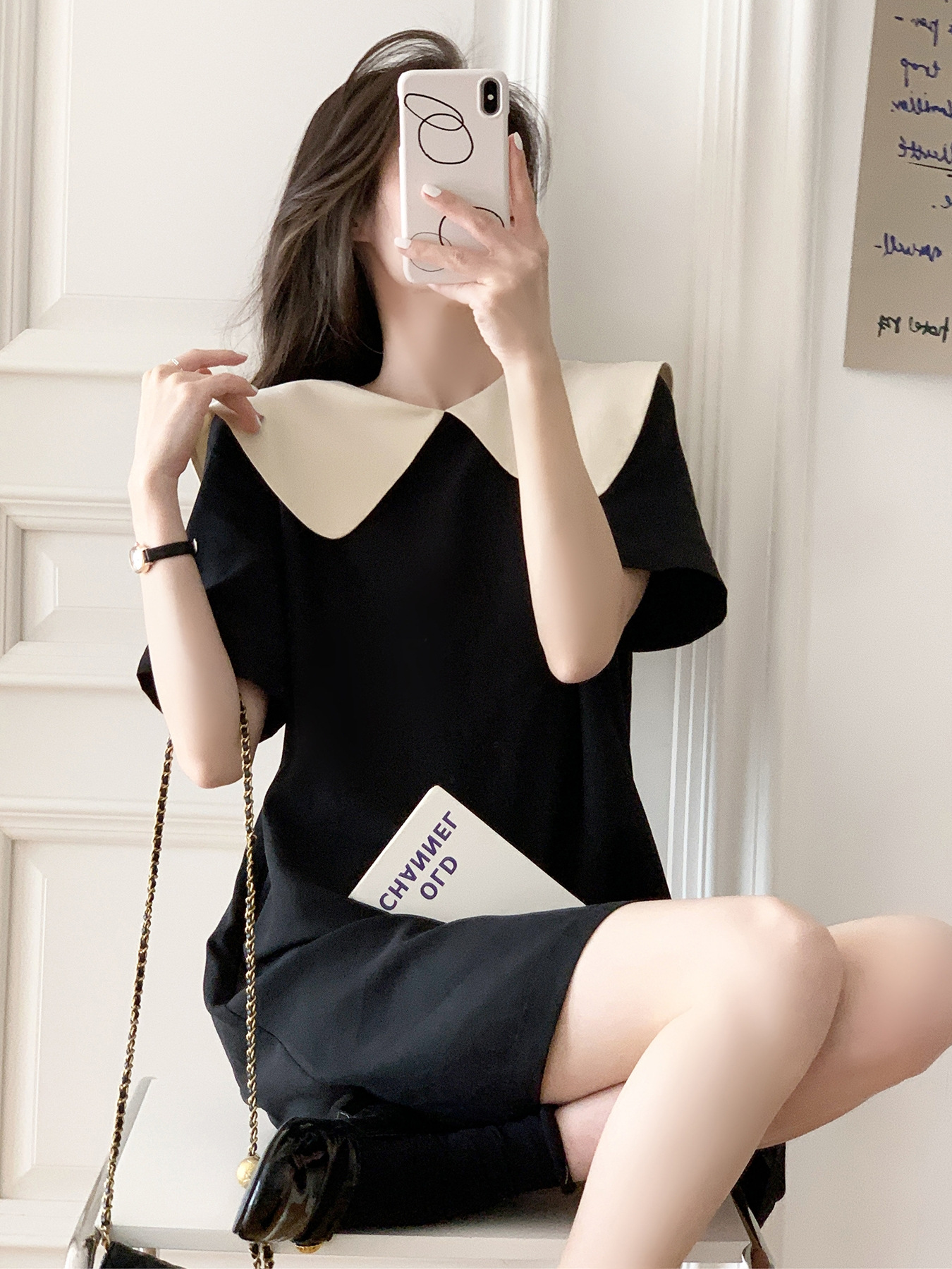 Black Doll Collar Dress Women's Summer 2023 New French Style Retro Gentle Wind Back Bow Loose Skirt