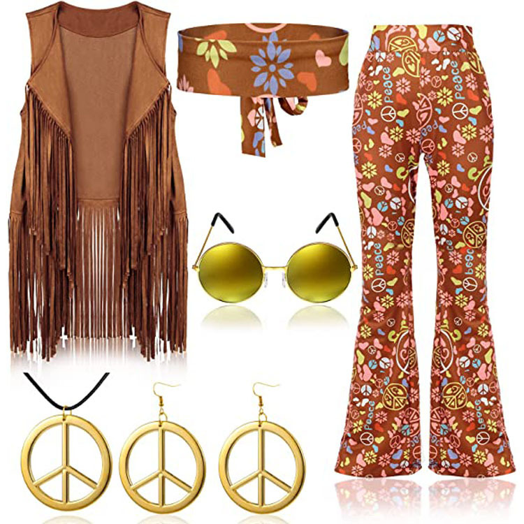 Cross Border 2024 Amazon 70 s Hippie Party Vintage Costume Tassel Vest Pants Hood Set