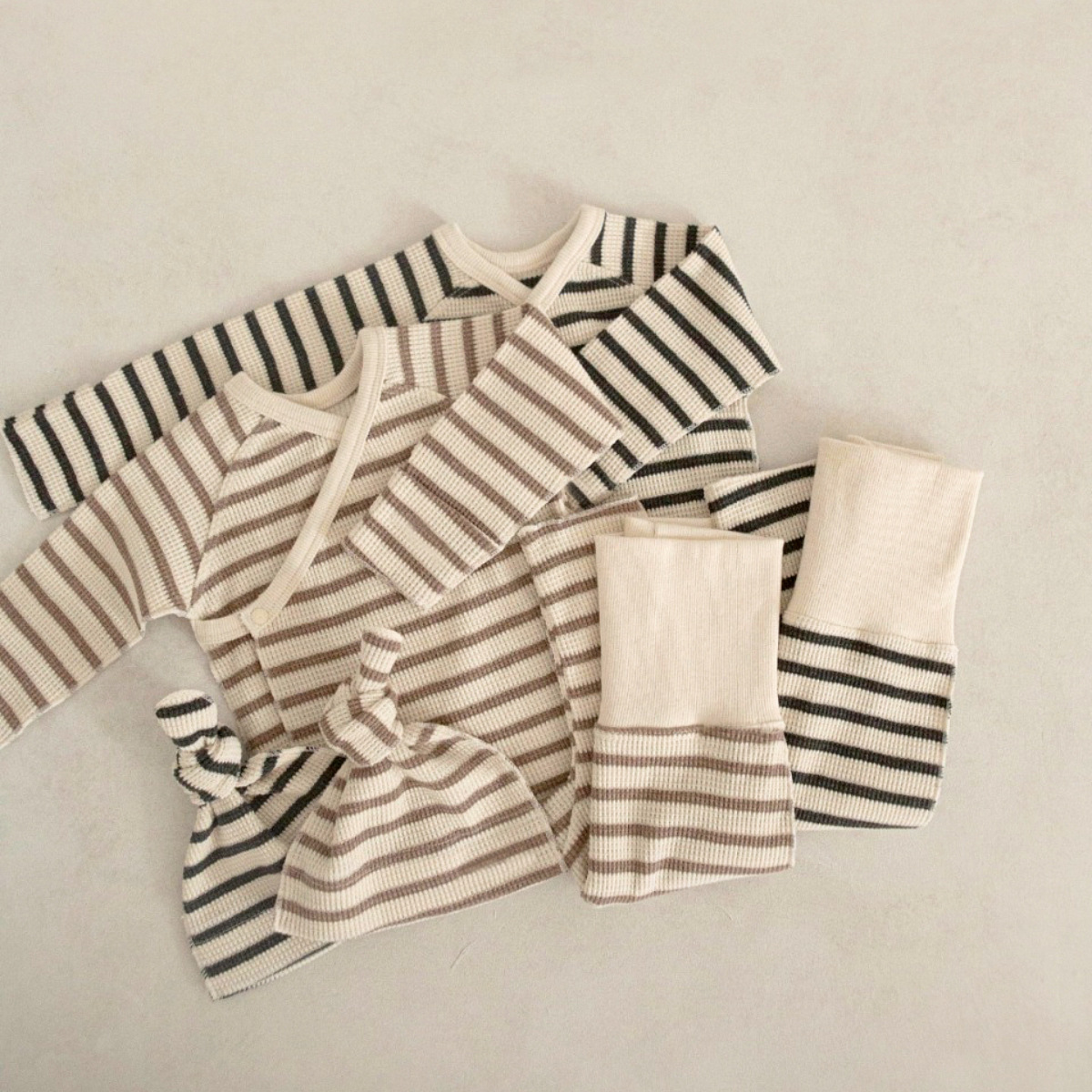 Newborn Clothes Class A Baby Autumn Clothes Little Baby Striped Waffles Monk Clothes High Waist Belly Protectors PP Pants suit