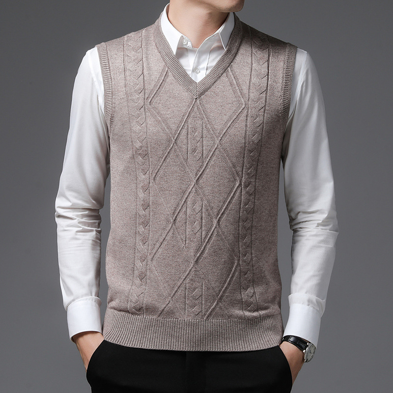 2023 autumn new wool vest men's middle-aged jacquard business casual pullover men's V vest dad outfit