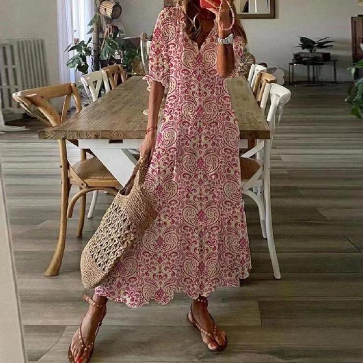 Spot! European and American Cross-border 2021 Casual Sweet V-neck Printed Sling Short-sleeve Mid-length Dress for Women