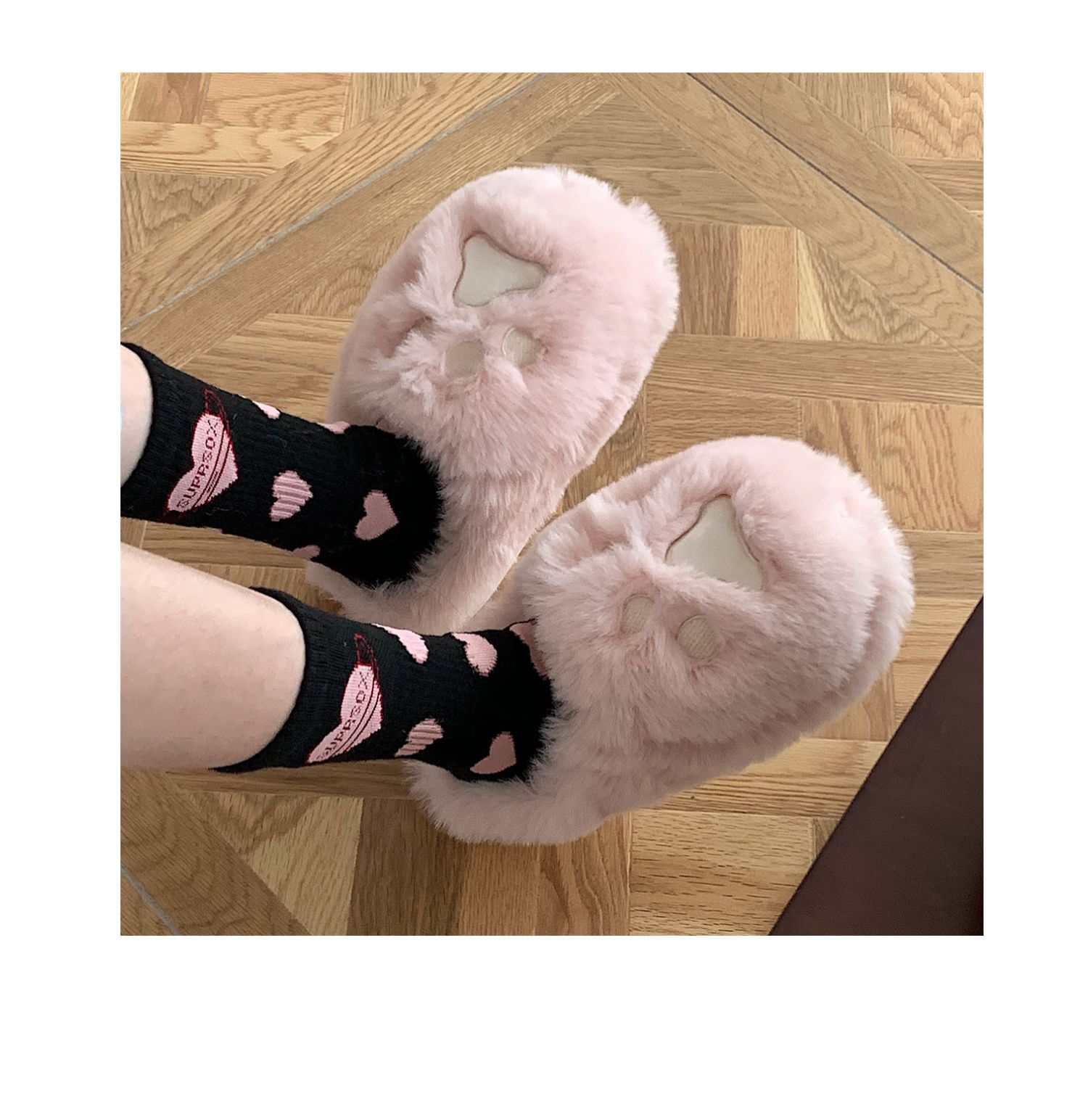 Pantoufles d'hiver en coton à demi-talon pour femme, style coréen, pour étudiante, en forme de cœur, douces et mignonnes, avec griffes de chat_voghion.com