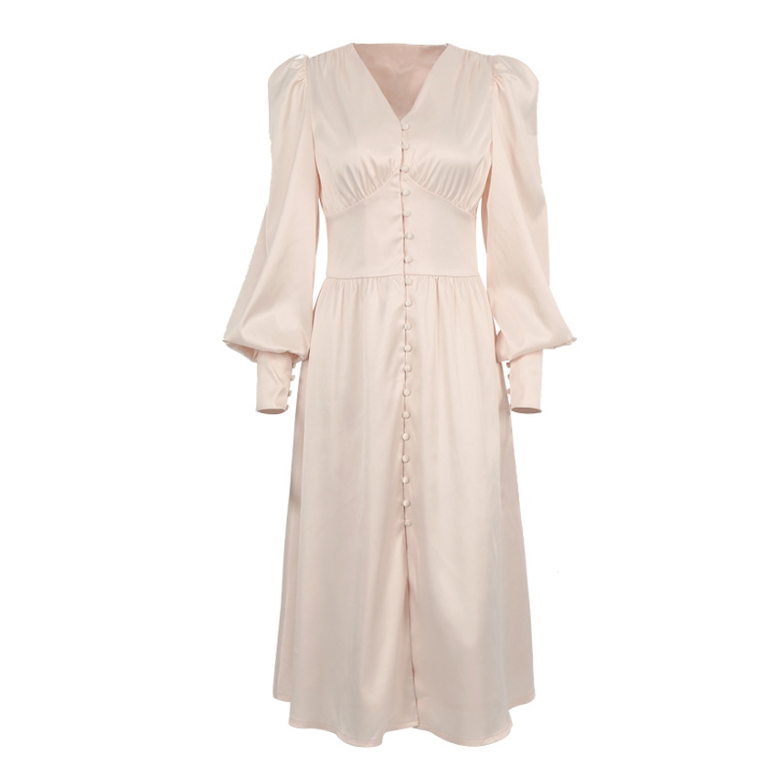 2024 Spring New Satin Dress Women's Design Sense Lantern Sleeve Tight Waist Slimming European and American Elegant Slim-Fit Dress