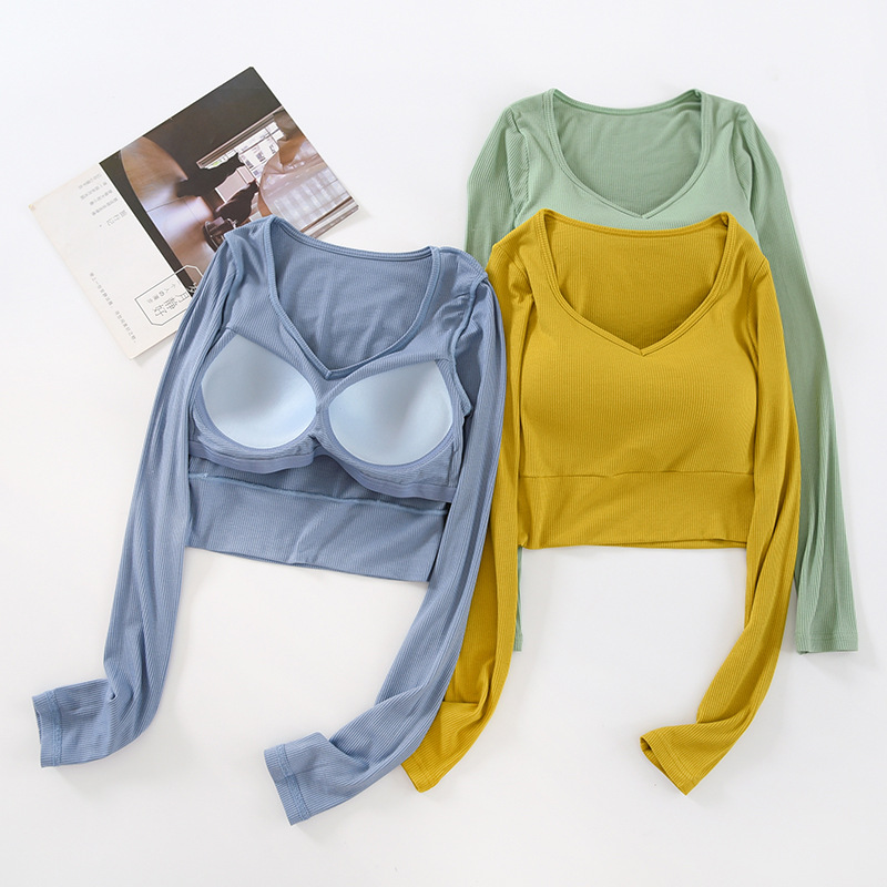 Navel-exposed Long-sleeved T-shirt Women's Bra with Chest Pad One-piece Navel-exposed V-neck Underwear High Waist Base Shirt Autumn New