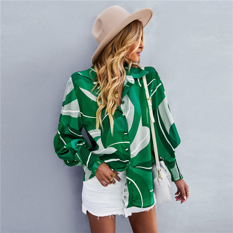 European and American Explosions 2023eBay Amazon Spring Long Sleeve Joker Top Fashion Lantern Sleeve Printed Women's Shirt