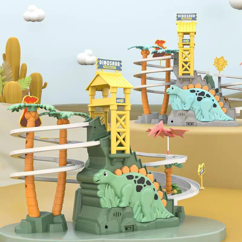 Online popular dinosaur slide double track electric dinosaur climbing stairs plug-in electric light creative track toy
