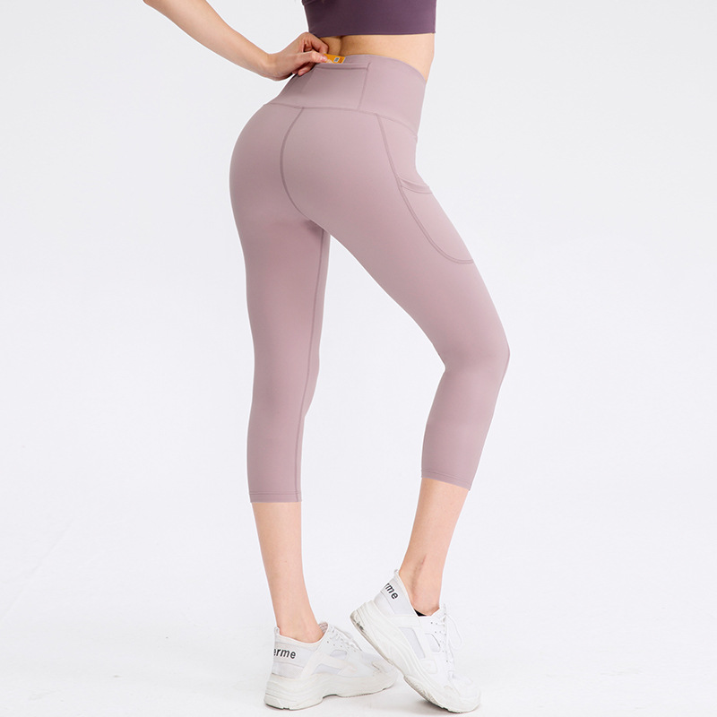 Naked Double-sided Skin-friendly Yoga Cropped Pants Pocket Women's Stretch Tight Hip Fitness Running Pants 02338