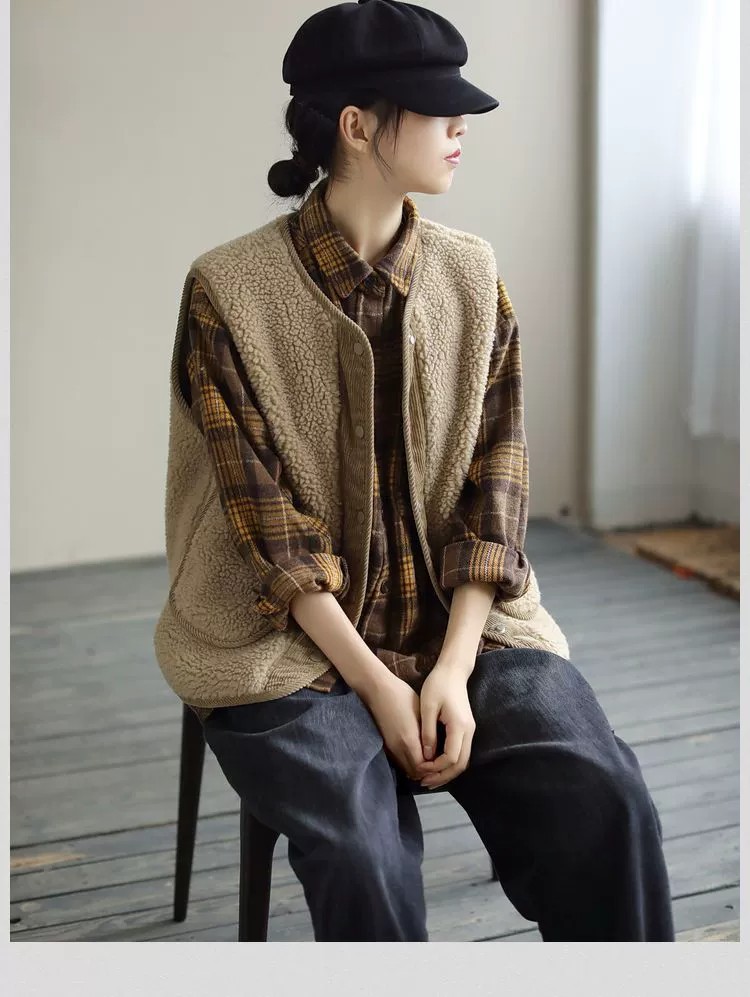 Gilet in pelliccia di agnello bifacciale per donna autunno e inverno Nuovo gilet retrò artistico ampio in velluto a coste cappotto positivo e negativo cappotto imbottito in cotone_voghion.com