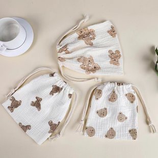 INS Double-layer Rope Corded Storage Bag Pure Cotton Crepe Printed Cloth Muslin Baby Amnesty Towel Storage Bag Hanging Bag