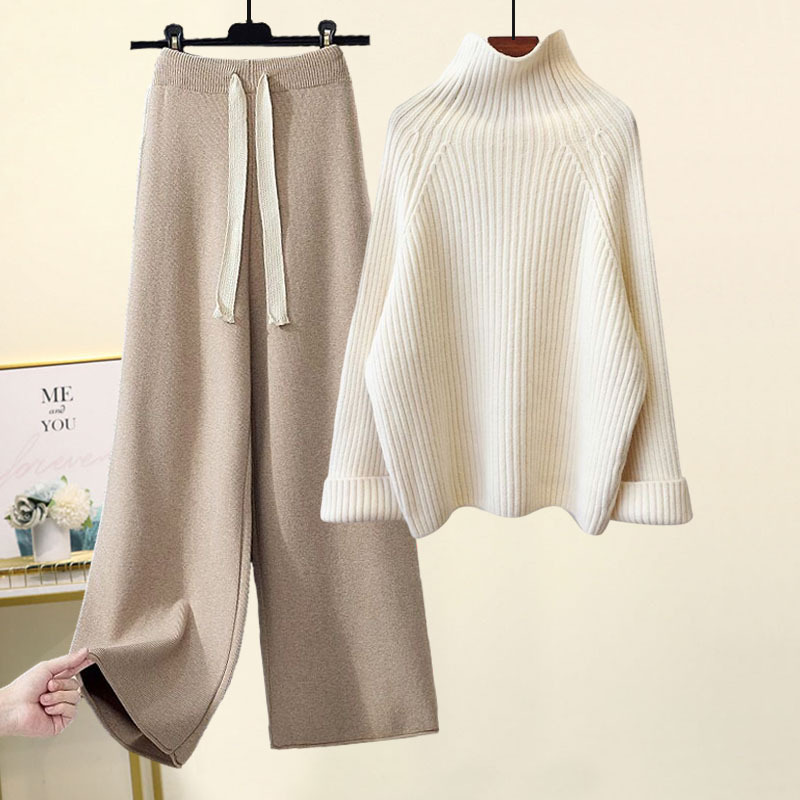 Korean style lazy style suit women's 2023 new autumn and winter thickened thick wool sweater draping wide-leg pants two-piece set