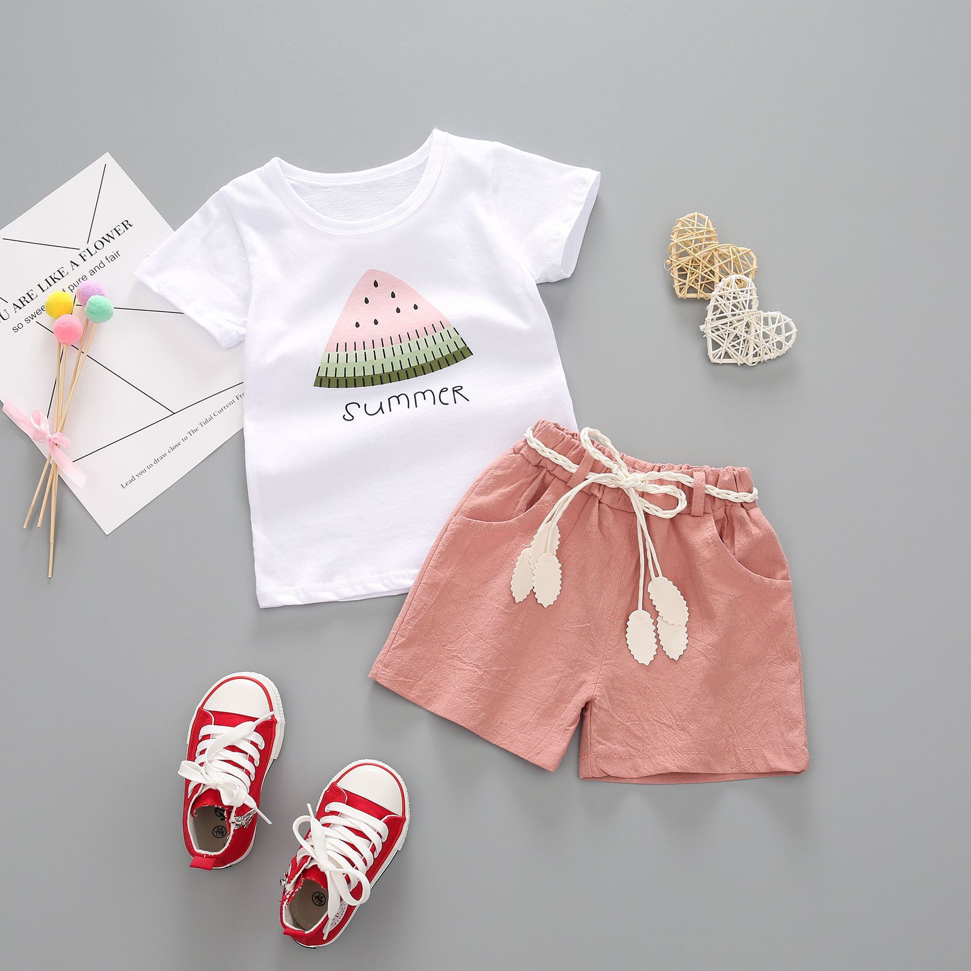 Girls' Summer Short-sleeved Suit 2023 New Arrival Korean Style Girls' Watermelon Short-sleeved T-shirt Shorts Baby Two-piece Trendy Set