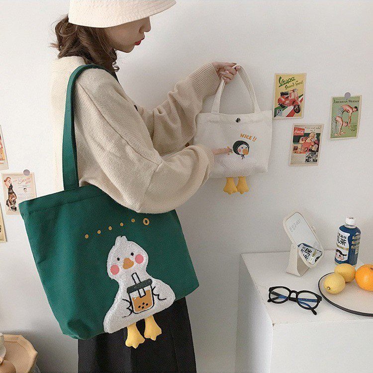 韓国版小清新刺繍キャンバスバッグ女性萌え趣味アヒルシングルショルダーバッグ大容量シンプル少女手提げ袋|undefined