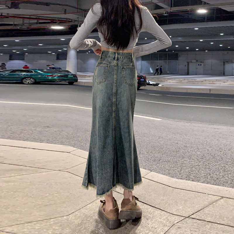 Denim Skirt Women's Summer New ins Style Korean Style High Waist Slimming A- line Skirt Niche Design Sense Burr Edge Fishtail Skirt