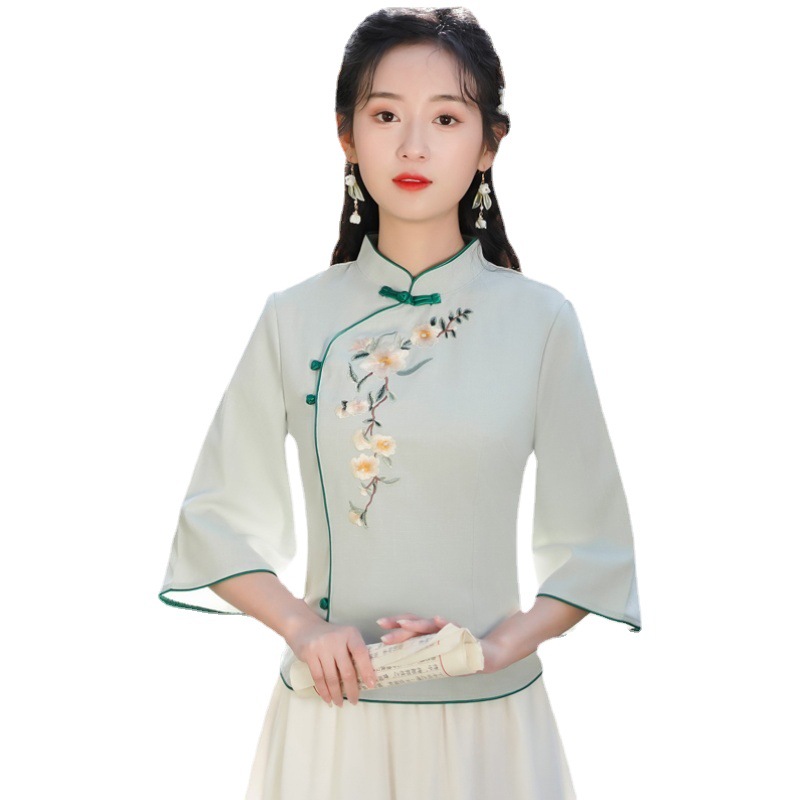 2022 Summer New Ethnic Style Vintage Chinese Style Embroidered Top Slim-fit Buckle All-match Small Fresh Tea Suit for Women