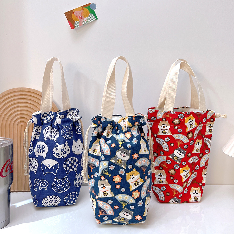 Vacuum cup cover universal portable canvas cute cartoon water cup cover portable storage small cloth bag with rope