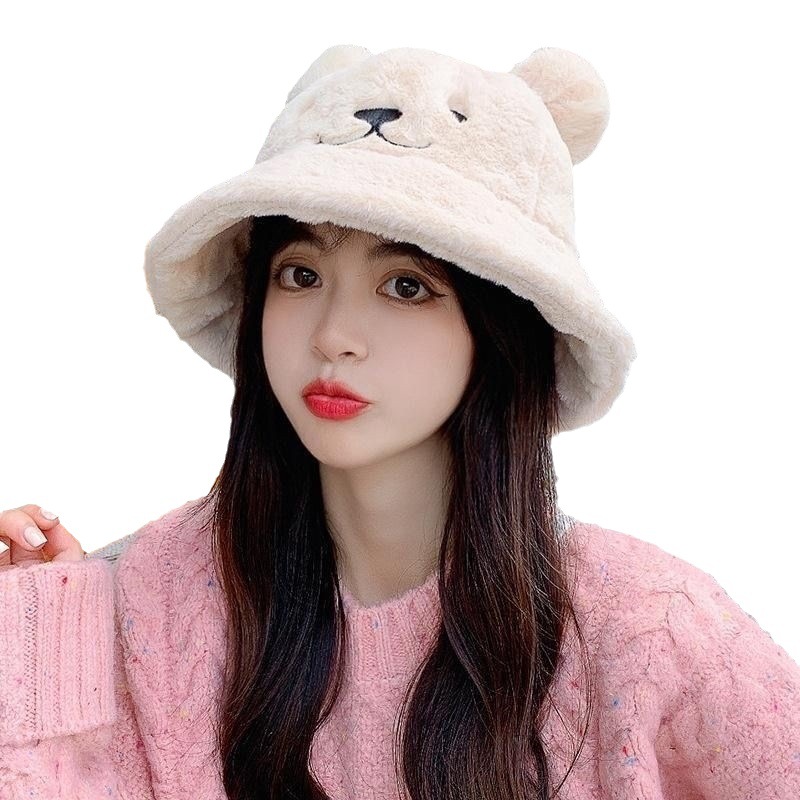 Autumn and Winter new hat female cute bear cartoon face-looking small fisherman hat versatile warm earmuffs plush basin hat