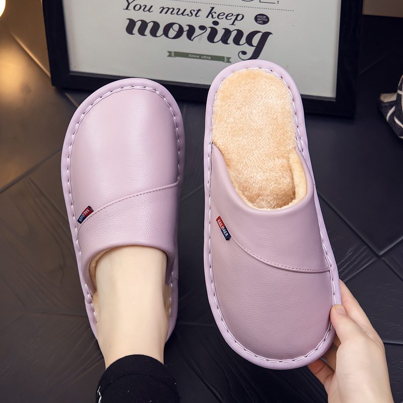 Autumn and Winter Genuine Leather Slippers for Men and Women Home Indoor Thick Bottom Non-Slip Waterproof Warm Cotton Slippers for Winter