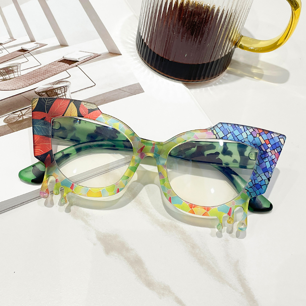 2024 cross-border new colorful pattern anti-blue flat mirror European and American trend irregular glasses frame BL2409