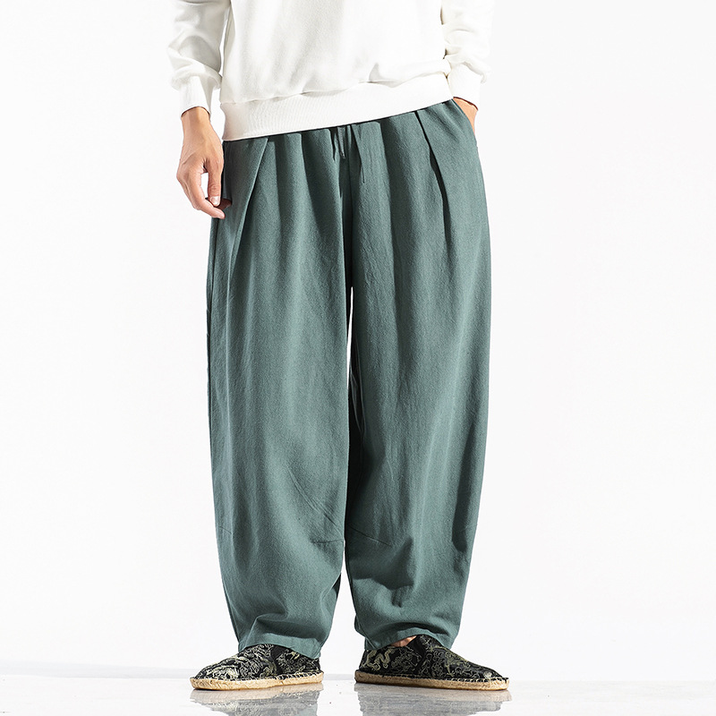 Spring and summer 2021 Men's cotton and linen casual pants loose wide leg Harlan large size Chinese style men's pants wholesale