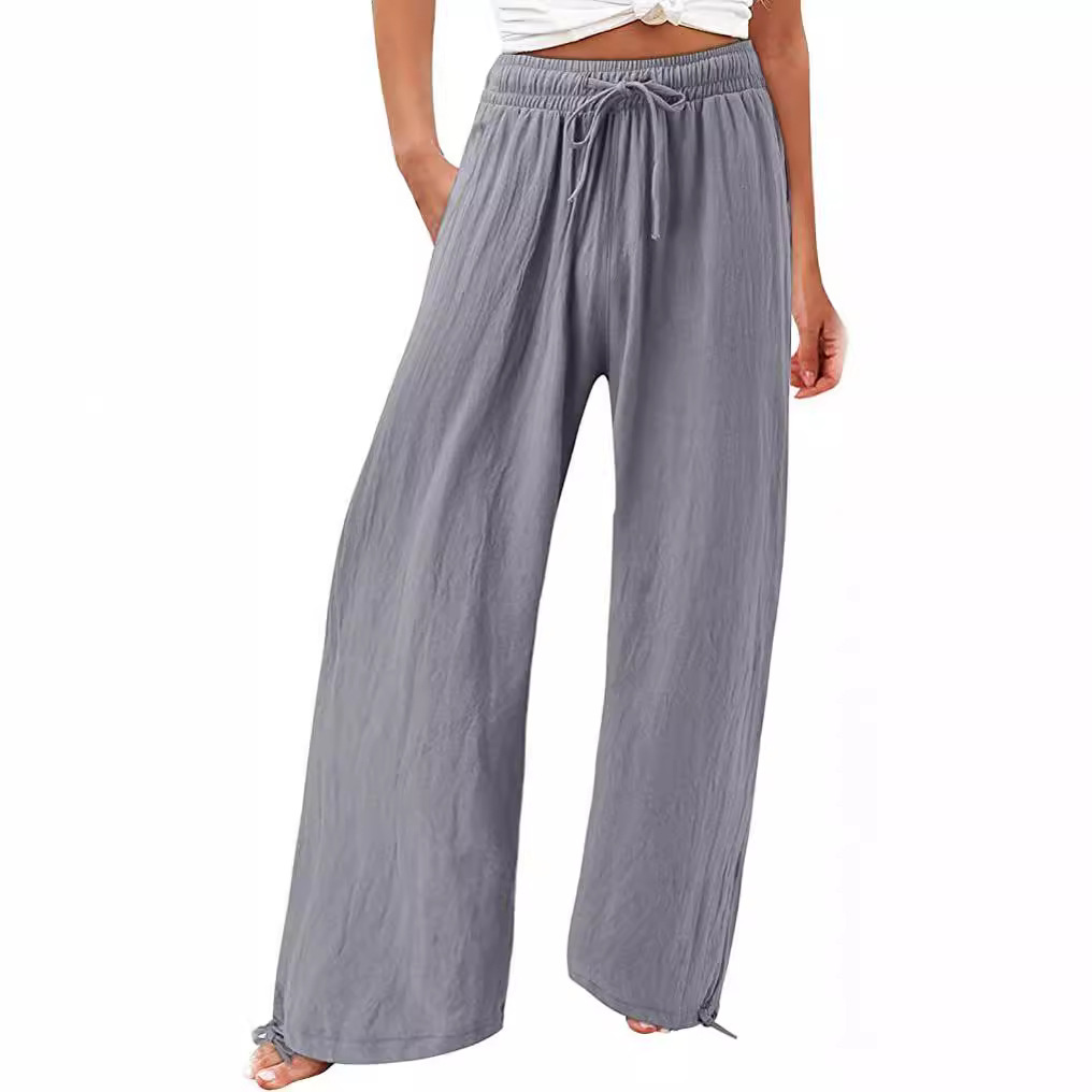 2023 Summer TEMU Amazon European and American Cross-border Women's New Cotton and Linen Wide Leg Drawstring Beach Pants Casual Pants for Women
