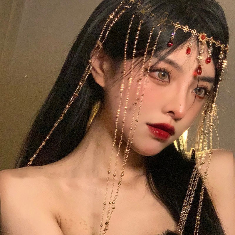 ネットの赤い同モデルの花の流蘇の眉の心は復古の仙気の水滴のかんざしの面のカーテンの額を飾って漢服の古風な髪飾りを飾ります。|undefined