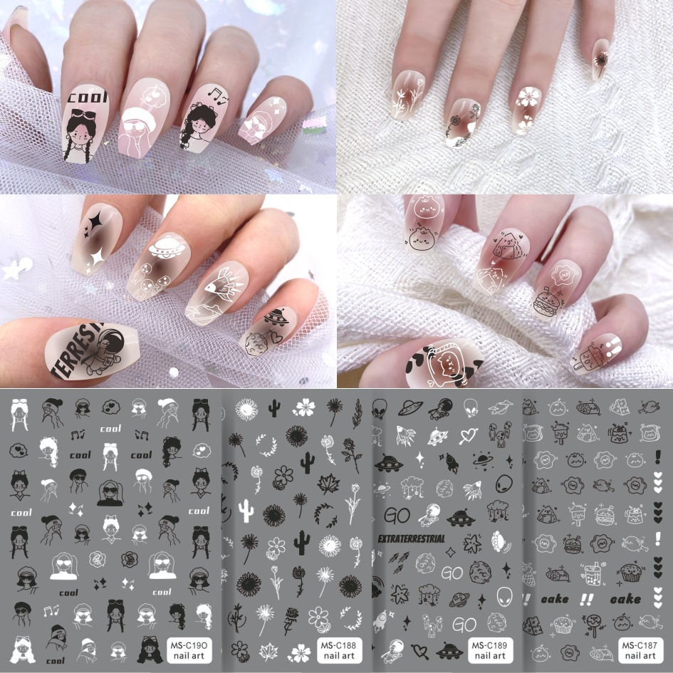 MEET SWEET black and white small flower Korean girl coal ball cat cute animal nail decal nail art sticker