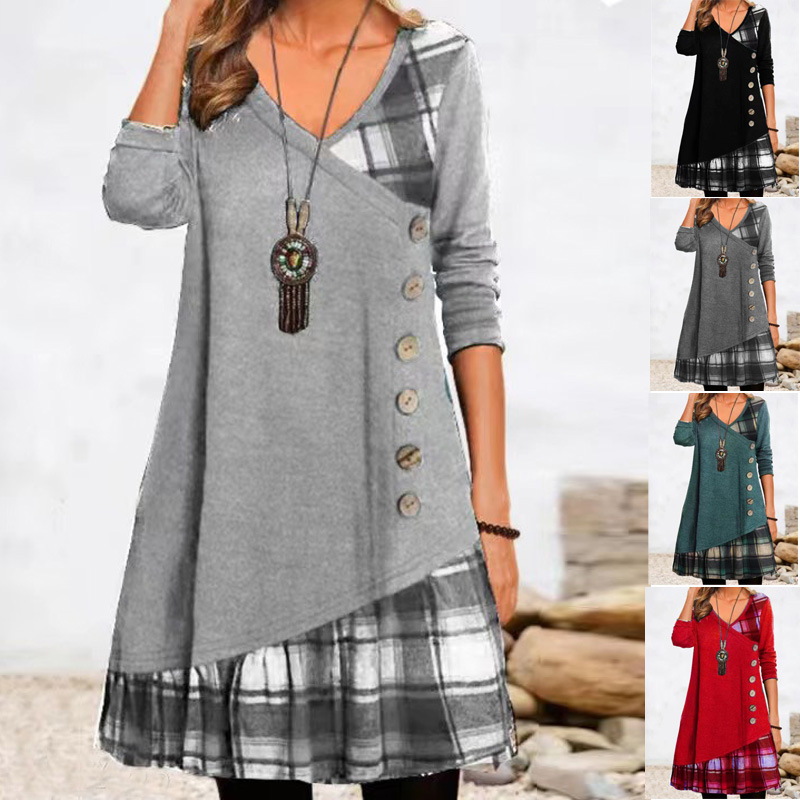2023 Europe and America Amazon independent station TEMU cross-border new women's casual stitching button long sleeve dress