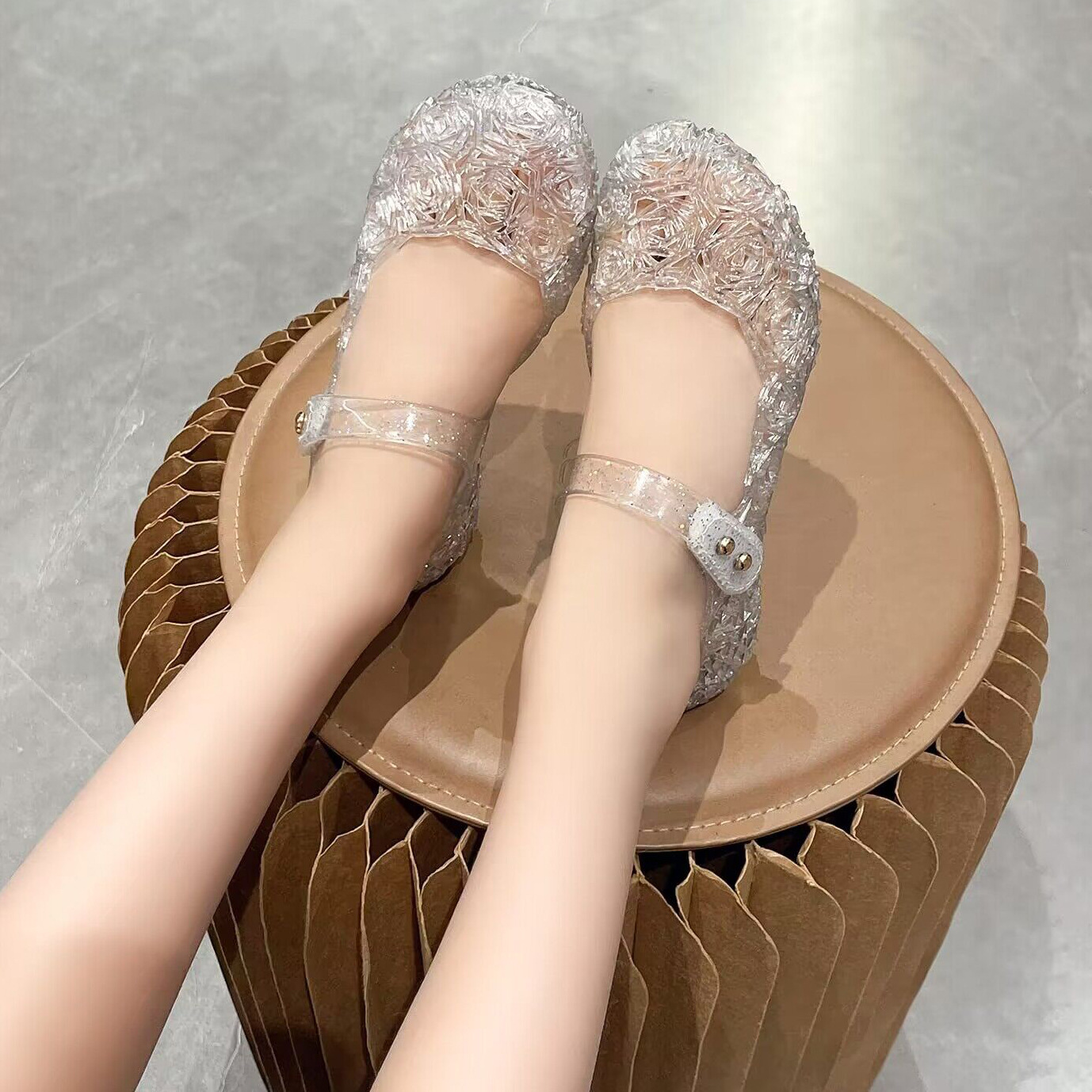 2024 new cross-border crystal jelly children's sandals summer princess shoes mid-high heel crystal baby girls' sandals