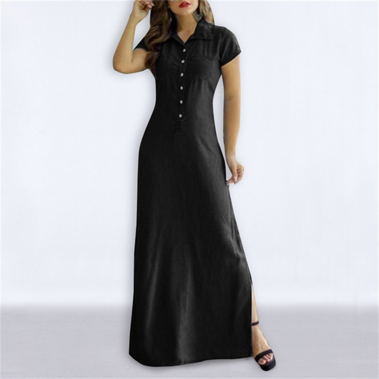 2024 European and American Cross-border New Long Dress Shirt Collar Split Pocket Large Dress Large Size Casual Denim Dress