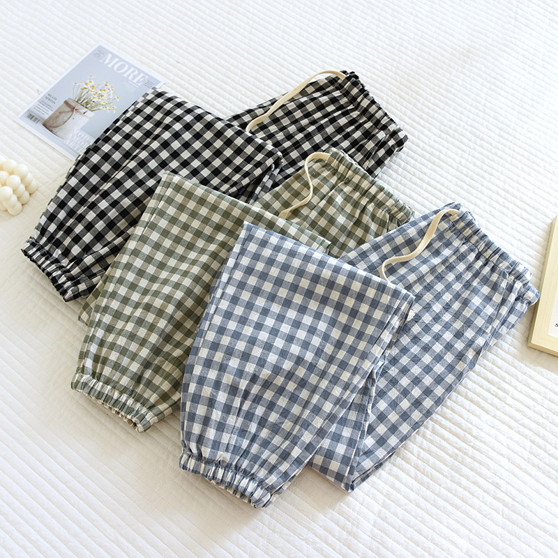 Plaid Pajama Pants Couple's Cotton Home Pants Nail-up Spring and Summer Thin High-end Loose Men's and Women's Home Pants for Outer Wear