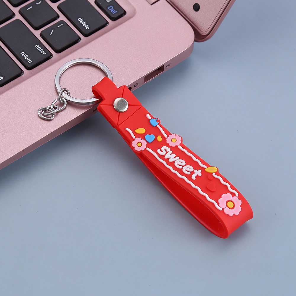 Trendy fashion key chain leather rope wholesale creative letter small flower PVC key chain pendant bag gift lanyard