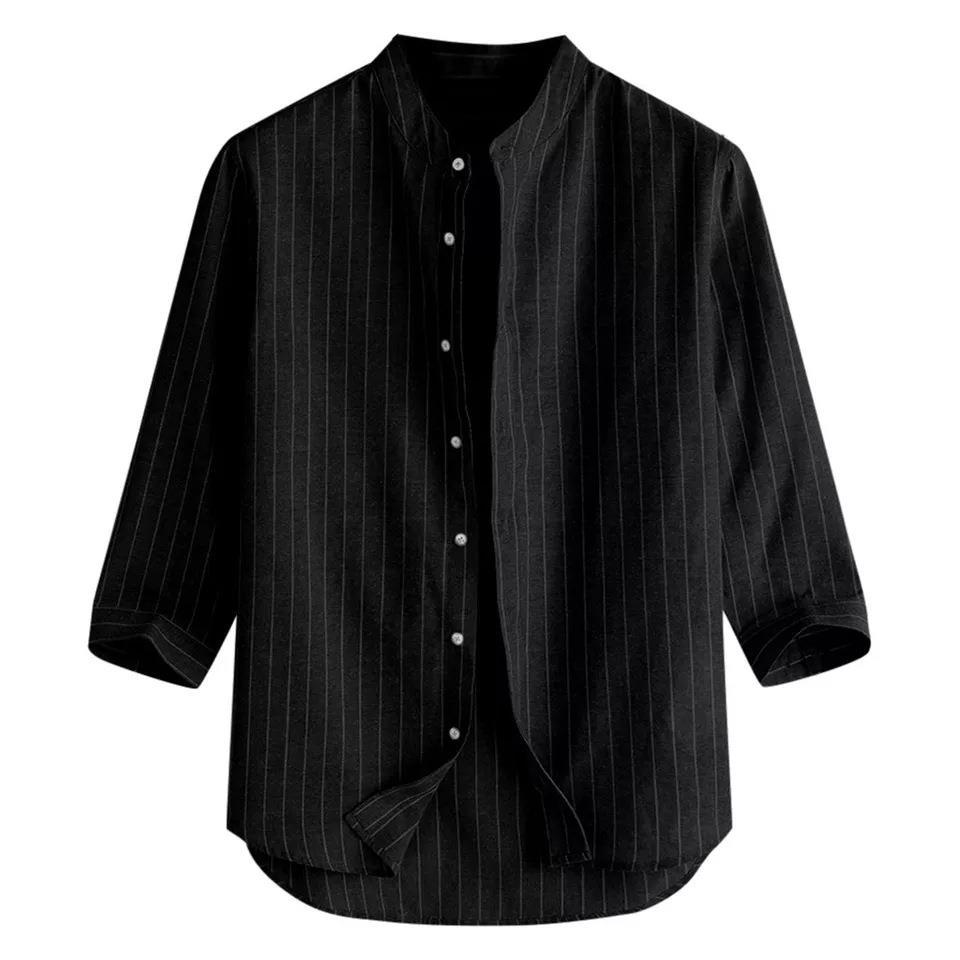 2023 new Japanese striped youth thin stand collar linen 3/4 sleeve men's shirt fresh Artistic style
