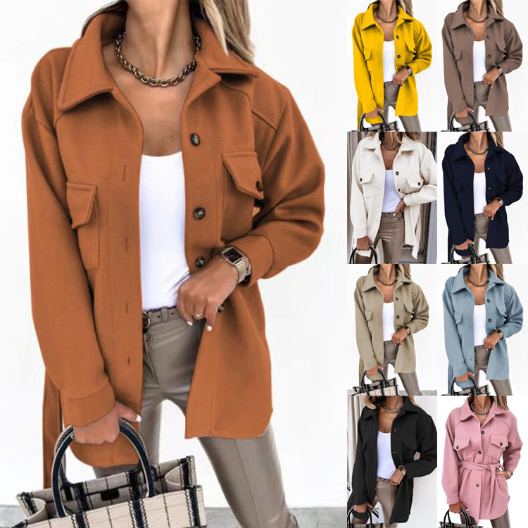 2023 Amazon Fall/Winter Cross-border New Women's Long-sleeved Elegant Solid Color Lapel Button Lace-up Wool Jacket