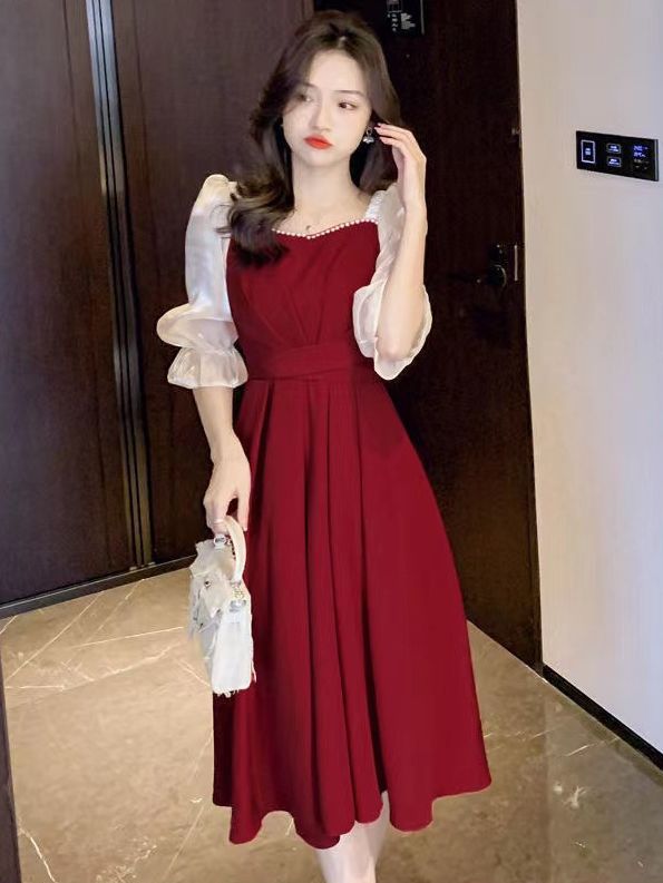 Original in stock Sweet Dress dress Half Sleeve Summer Red Toast Dress Waisted Lace-up Slim Midi Dress