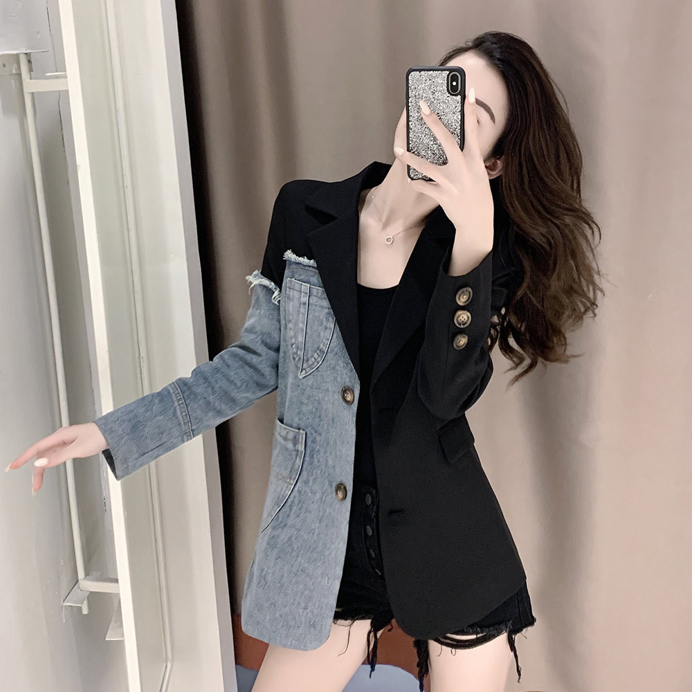 Fried street loose Denim stitching suit jacket for women Spring and Autumn new design asymmetric temperament contrast color top fashion
