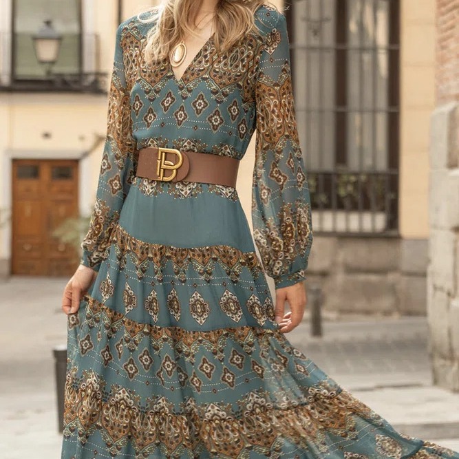 European and American long sleeve V-neck tight waist slimming A- line baroque print dress elegant large swing long skirt with belt