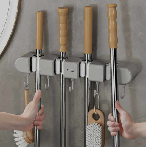 Bathroom Mop Clip Hook Wall Hanging Punch-free Mop Rack Bathroom Mop Storage Hook Mop Rack Fixing Card