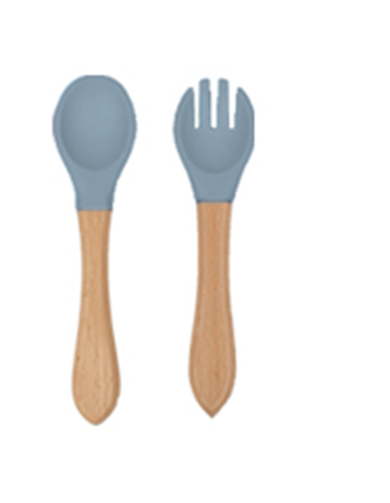 Gray blue-wooden handle silicone fork spoon