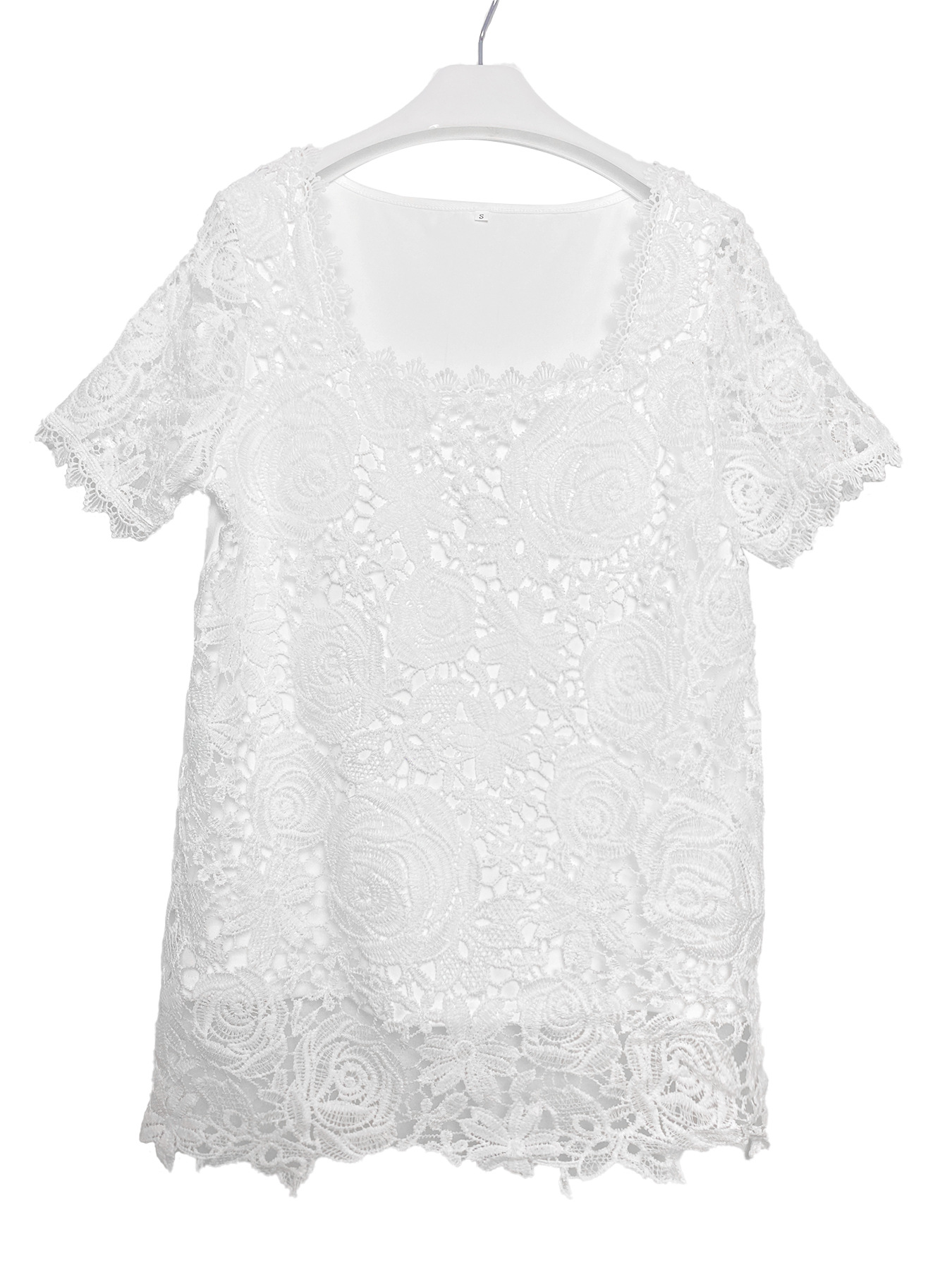 2024 New Amazon AliExpress European and American fashion women's short-sleeved lace top solid color T-shirt