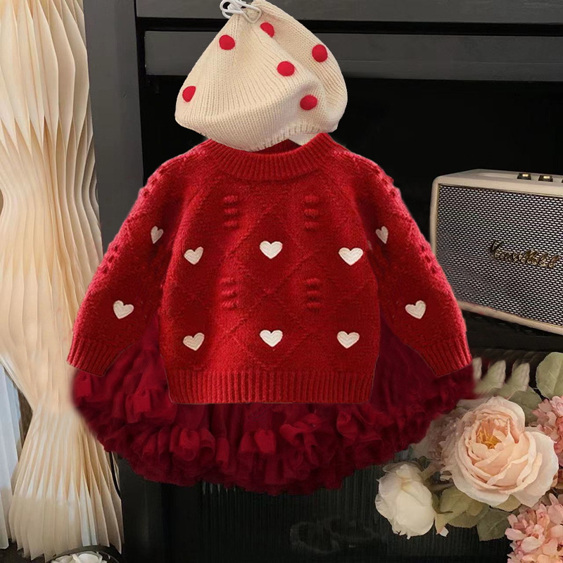 Autumn and Winter children's clothing New girls' red sweater knitted cherry sweater baby fluffy skirt tutu skirt