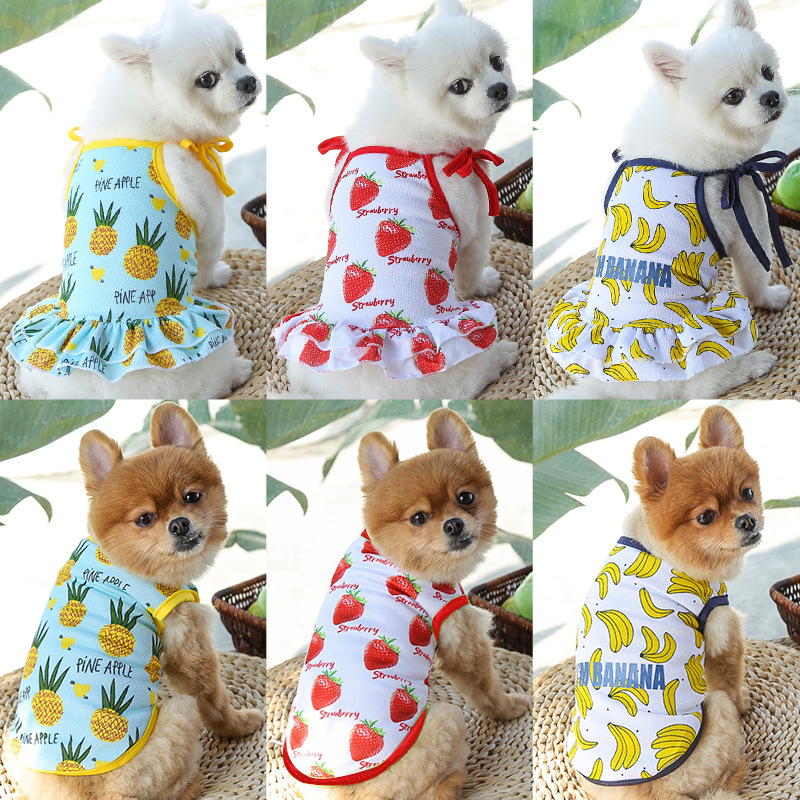 Pet Fruit Strawberry Banana Print VIP Teddy Puppy Cat Clothes Skirt T-shirt Vest Couple Clothes