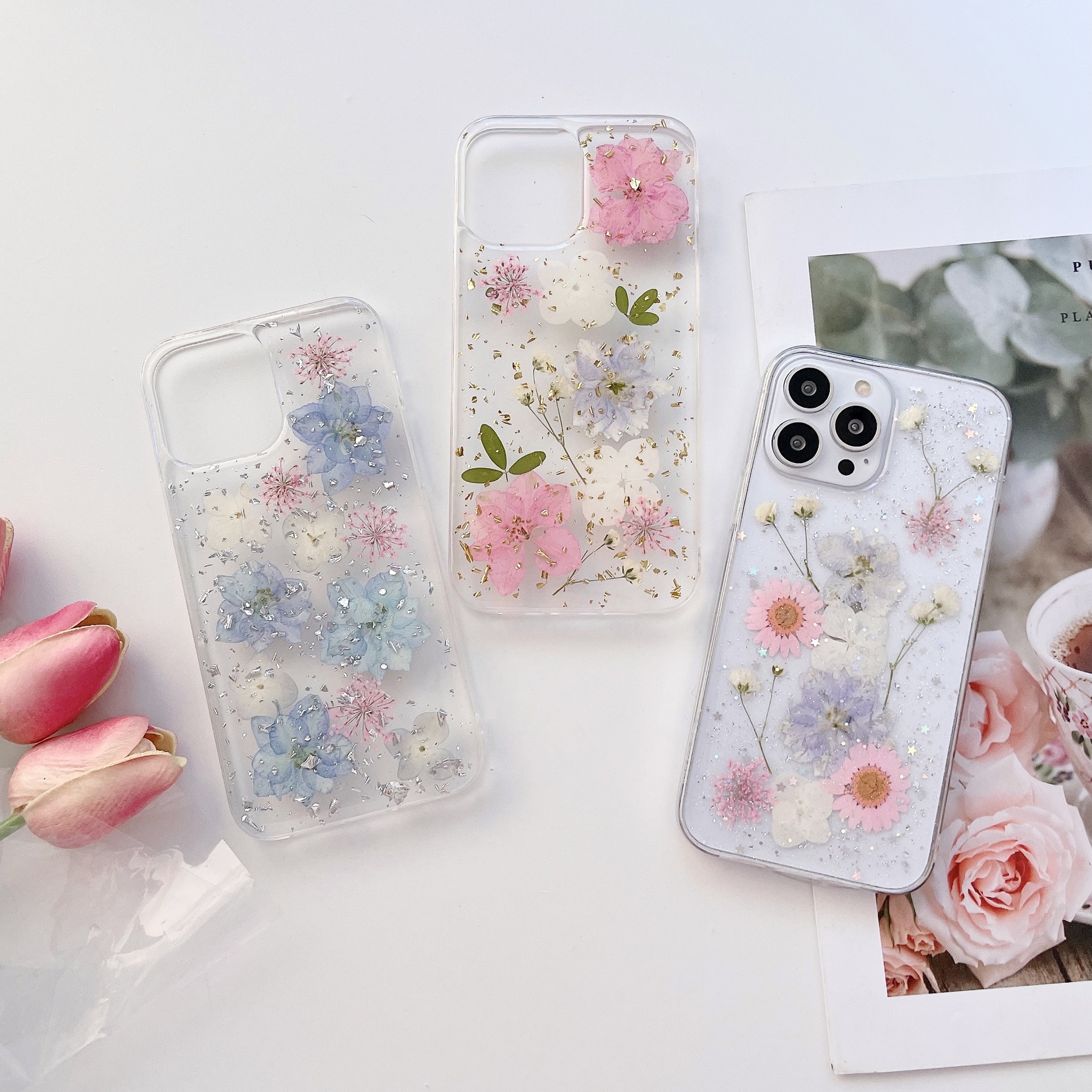 金銀箔紫白粉羅蘭真花手機殼適用蘋果15Plus/iPhone14ProMax/13