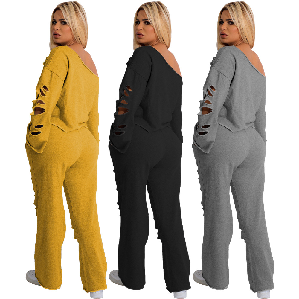 MX6120 Cross-border Supply New European and American Women's Casual Solid Color Hole Loose Sweater Two-piece Suit