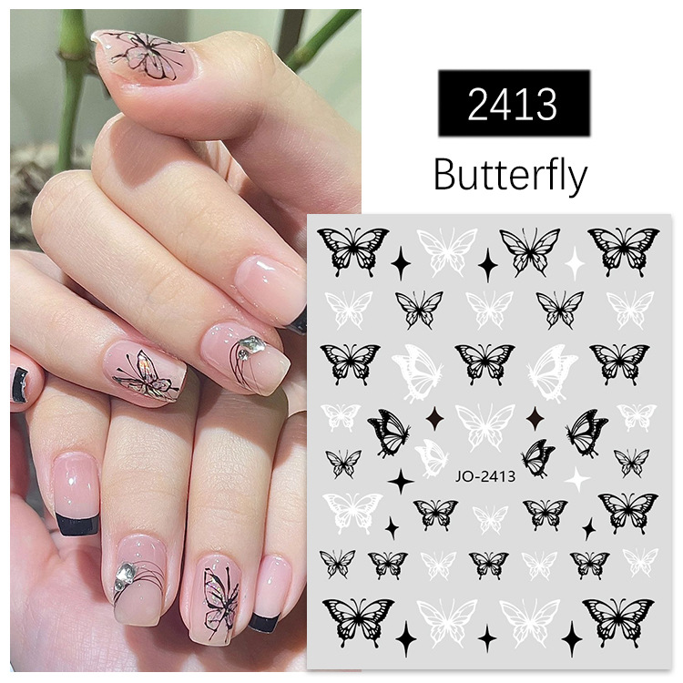 Nail stickers ultra-thin black and white hand painted butterfly ins style dark black strap glue flexible butterfly nail stickers decorations