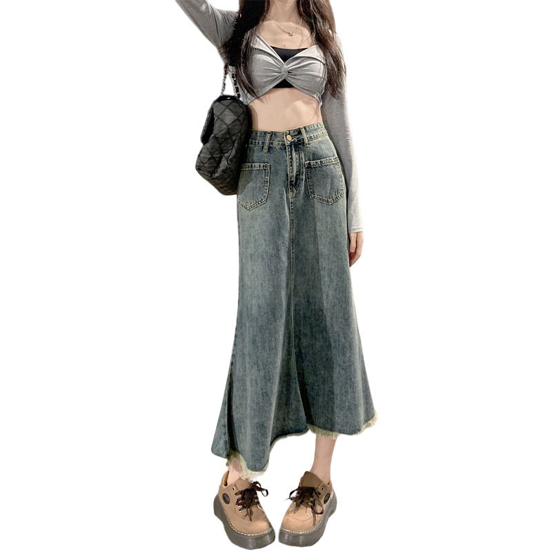 Denim Skirt Women's Summer New ins Style Korean Style High Waist Slimming A- line Skirt Niche Design Sense Burr Edge Fishtail Skirt