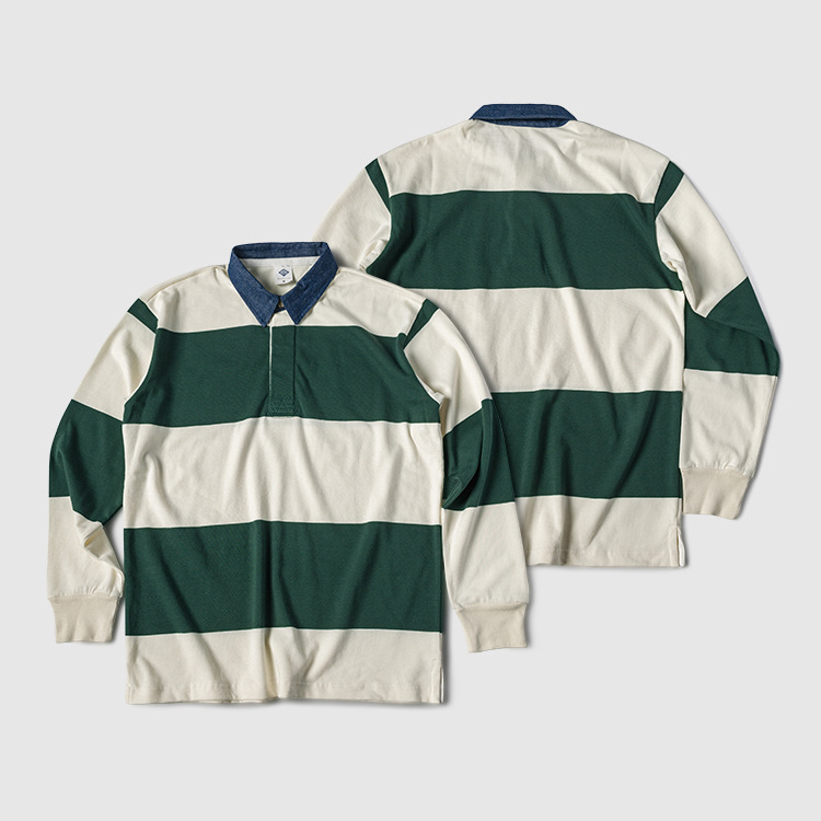 In STOCK men's waiter NON-STOCK Men's Heavy striped lapel T-shirt American retro long sleeve polo shirt