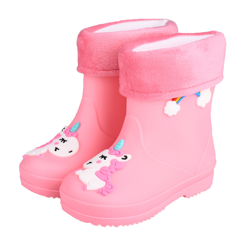 Children's rain boots girls' drawstring fleece-lined boys' non-slip water shoes Four Seasons cartoon cute princess rain boots children rain boots