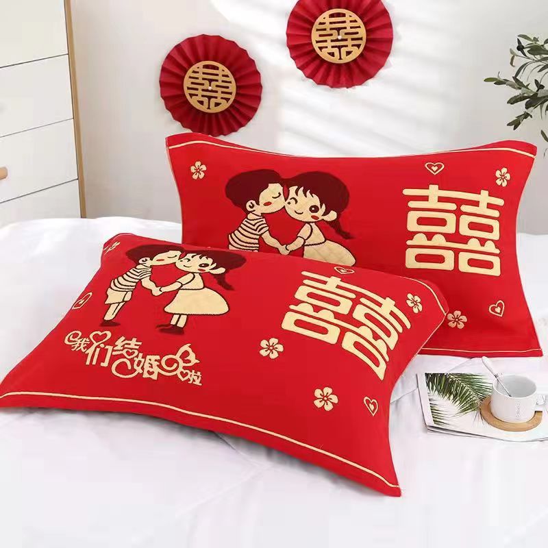 Cotton Red Multi-Layer Gauze Pillow Towel Wedding Gift Thick Pillow Case Accompanying Pillow Headscarf Red Wedding Wedding Wedding Wedding Pillow Towel