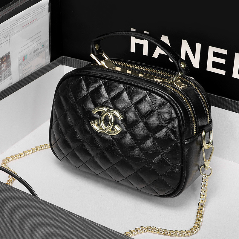 Cowhide rhombus handbag double-layer zipper high-grade niche versatile crossbody chain bag small round bag light luxury wholesale