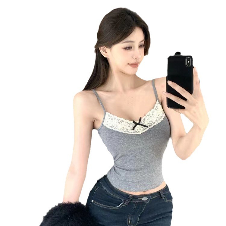 Pure Desire Lace Gray Camisole Vest Women's Short Slim-Fit Design Niche Top with Chest Pad Inside and Outside